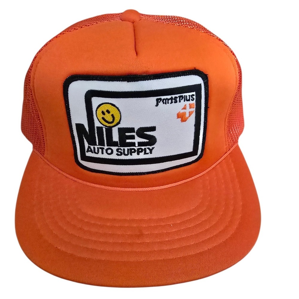Headwear Niles‎ Auto Supply Orange Trucker Hat Smiley Face Snapback Cap Vintage